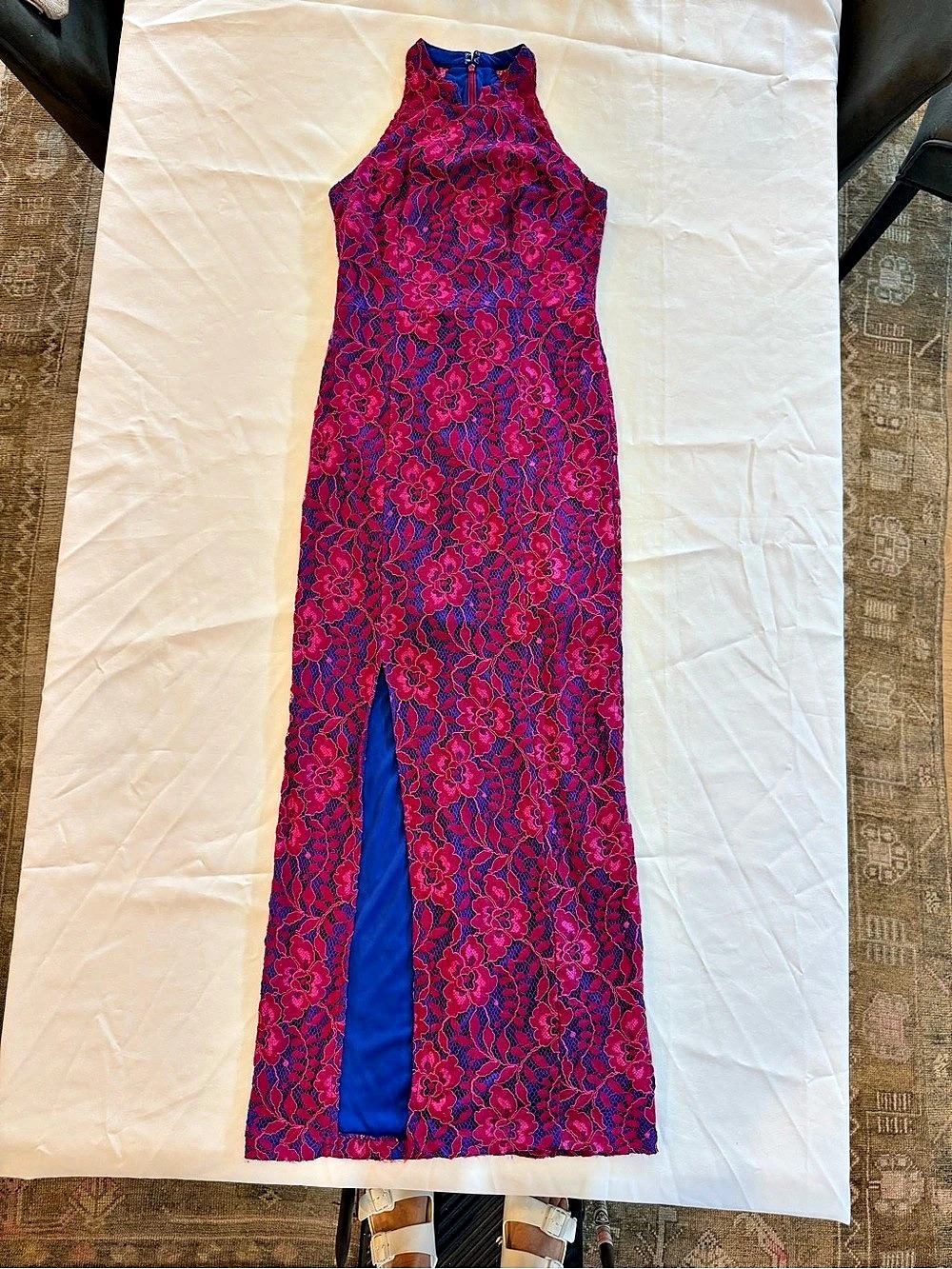 JS Collections Floral Lace Mandarin Collar Dress Fuschia & Bright Blue/Purp